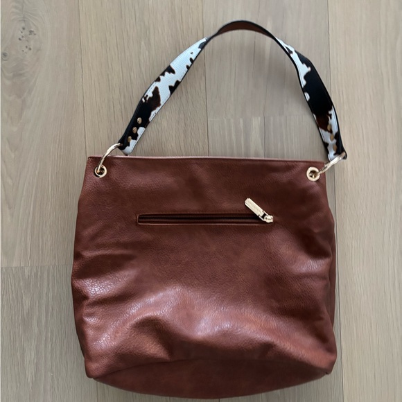 Brown Leather Tote Bag with Cow Print Accent - Picture 2 of 4